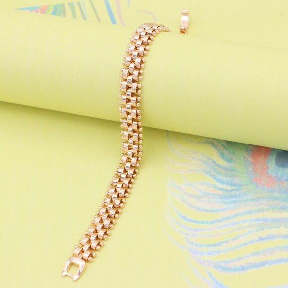 "Elegant Rose Gold Wide Link Bracelet with Beaded Edge Design, XPBL0859 - Picture 10 of 12